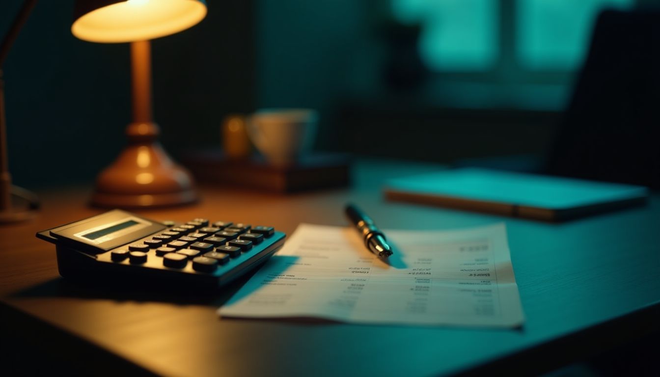 A leather desk pad with a calculator under warm amber light — pay and salary guidance